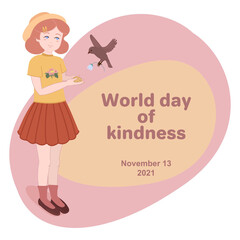 World day of kindness. A young girl is feeding a bird. A girl and a bird with a flower in flight. Vector illustration.