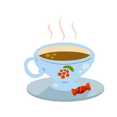 Cup of tea or coffee on saucer with candy. Cute cozy drawing. Breakfast and kitchenware with hot drink. Flat cartoon