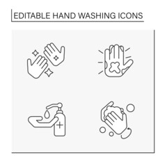 Obraz premium Hand washing line icons set. Rules for cleaning palms. Disinfection. Hygiena concept. Isolated vector illustrations. Editable stroke