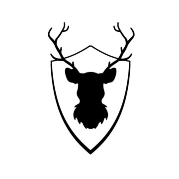 Head of deer on shield. Knight coat of arms with stag. Black silhouette of horned animal. Heraldic symbol