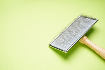 Brush for dogs on a light green background, space for text. Grooming brush. Flat lay.