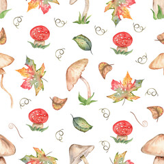 Watercolor Autumn Leaves and Pumpkins Seamless  Pattern Surface Design Illustration