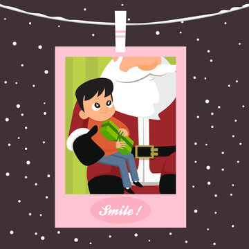 Photo with Santa Claus cartoon. A kids take a picture with Santa Claus vector illustration.