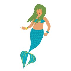 Cute green hair mermaid. Flat vector illustration