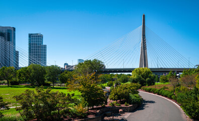 Empty cityscape over the Paul Revere Park with the view of Zakim bridge and tall buildings in Boston, Massachusetts