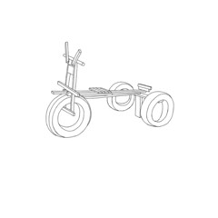 Beautiful hand-drawn black vector illustration of a wooden bike for children isolated on a white background