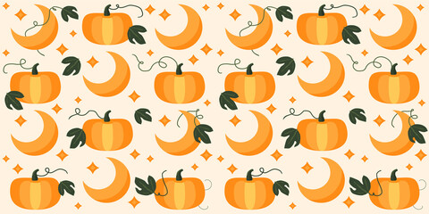 moon and pumpkins endless orange background. childrens halloween pattern. illustration with festive decor.