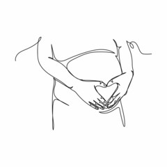 Continuous one line drawing of portrait of beautiful pretty pregnant woman hands heart in silhouette on a white background. Linear stylized.