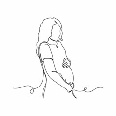 Continuous one line drawing of portrait of beautiful pregnant woman in silhouette on a white background. Linear stylized.