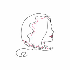 Continuous one line drawing of hairstyle beautiful woman girl in silhouette on a white background. Linear stylized.