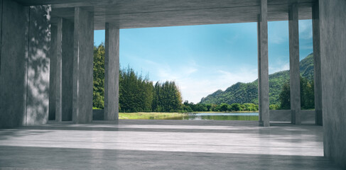 Fototapeta na wymiar Empty space for products show in concrete hallway with nature background.3D rendering.