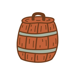 Wooden barrel with lid, tub. Container for storing drinks. Colorful vector isolated illustration hand drawn single
