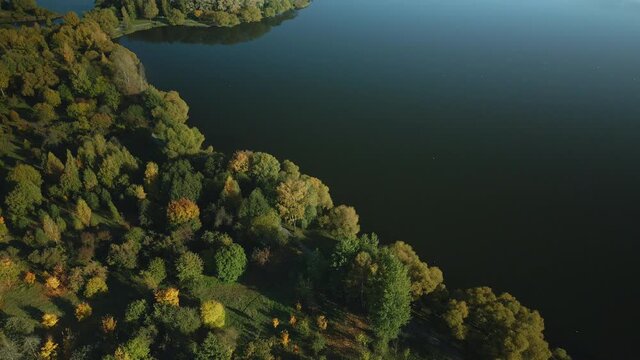 Flight over the autumn park. Trees with yellow autumn leaves are visible. Park on the shore of a large lake. Aerial photography