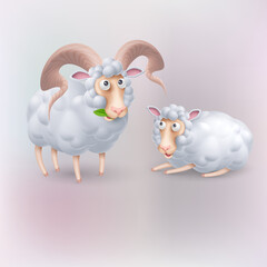 Cute and Funny white Sheep Characters. Cartoon Illustration of Pair Sheep. Perfect Template for Children Event Designs, or Birthday Cards