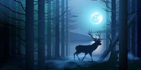 Silhouette of a Deer in Near a Trees at Foggy Night. Illustration of Landscape with Wild Forest, Trees, Hills, and Lake under Night Sky with Full Moon