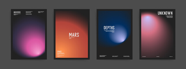 Set of futuristic poster covers with circular gradient black background. Trendy modern a4 vertical design. Minimal templates for posters, book covers, placards, presentation, flyers. Sci fi vector.