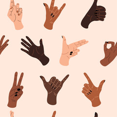 Fototapeta premium Doodle hands pattern. Seamless texture with various divers male and female hands showing different gestures. Vector contemporary print