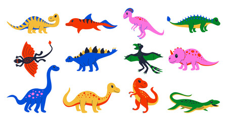 Cartoon dinosaurs. Cute doodle Jurassic lizard, colourful prehistoric reptiles. Vector ancient predators and herbivores. Vector isolated set