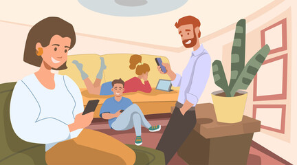 Family with gadgets. Flat illustration, a group of people in the interior. The family is at home. Vector