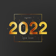 2022 Happy New Year holiday card. Vector illustration with New Year golden number and confetti on dark background. Holiday greeting banner.