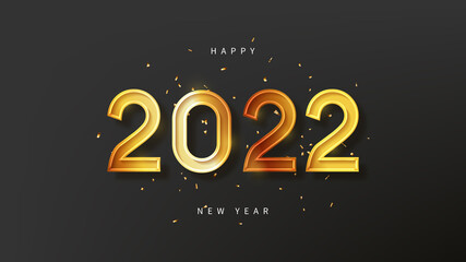 2022 Happy New Year holiday banner. Vector illustration with New Year golden number and confetti on dark background. Holiday greeting banner.
