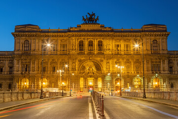 Fototapeta na wymiar Rome - The facade of Palace of Justice - Palazzo di Giustizia at dusk.