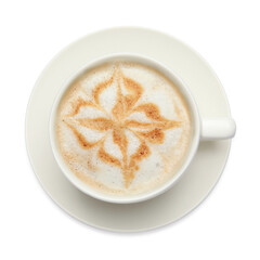 Cup of tasty coffee isolated on white, top view