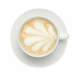 Cup of tasty coffee isolated on white, top view