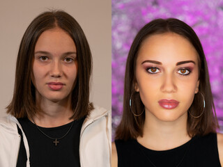 Vorher Nachher Fotoshooting ohne Makeup und danach mit Makeup und Foto Bearbeitung