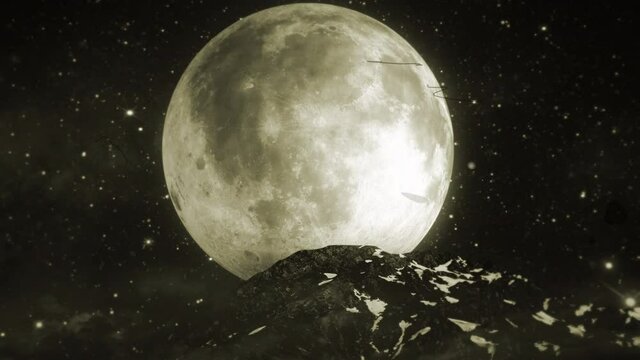 Full Moon Over Mountain Top Zoom In, Vintage Style. Amazing full moon in starry sky over a mountain top with clouds. Film damage effect