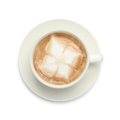 Cup of hot coffee isolated on white, top view