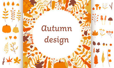 Autumn round design vector illustration. Cartoon pumpkin food harvest, flowers, red orange tree leaf and acorn, mushroom in simple wreath border frame of fall circle card for autumn season background