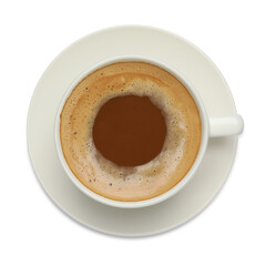 Cup of hot coffee isolated on white, top view