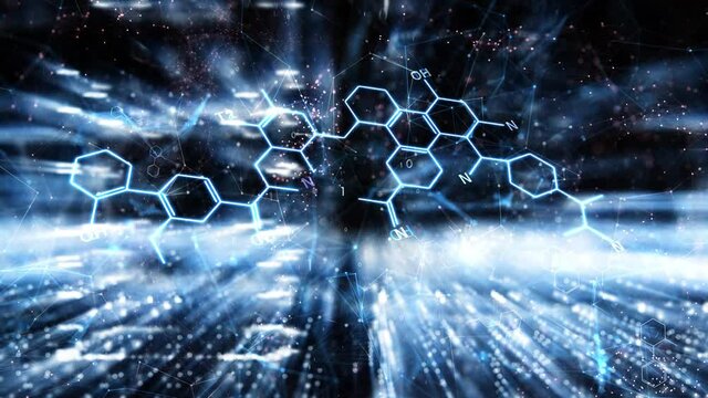 Abstract chemical hexagon bonds on blue digital science background.