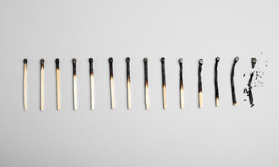 Different stages of burnt matches on light background, flat lay