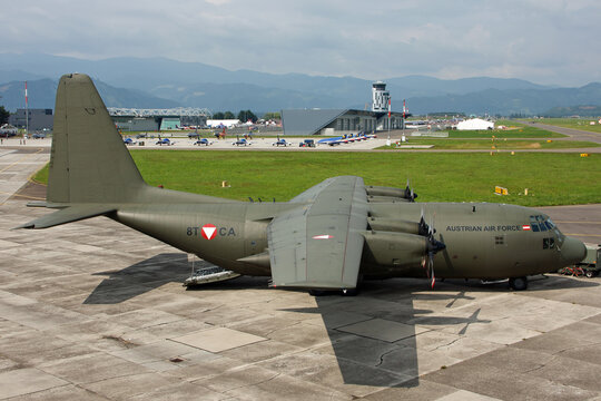 Austrian Air Force Bundesheer C-130 Hercules transport aircraft parking on the ramp in Zeltweg, Austria