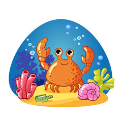 Crab, coral reefs. The seabed, the underwater world. Marine animals. drawn Cute characters. cartoon vector illustrations - 462934134