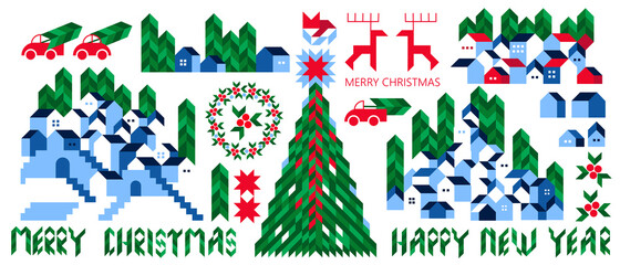 Merry Christmas. Scandinavian, minimal, geometric style winter Collection of Christmas elements with deer, Christmas tree, fox, cars, wreath, holly, stars, home, buildings. Sketch vector illustration.