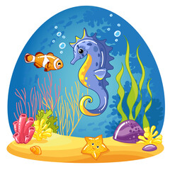 Seahorse, starfish, tropical fish, coral reef. drawn Cute characters. cartoon Vector illustrations - 462934198