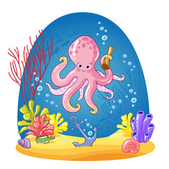 Octopus, coral reefs. The seabed, the underwater world. Marine animals. drawn Cute characters. cartoon vector illustrations - 462934302