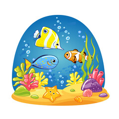 Tropical fish, starfish, coral reefs. Marine animals. drawn Cute characters. cartoon vector illustrations - 462934396