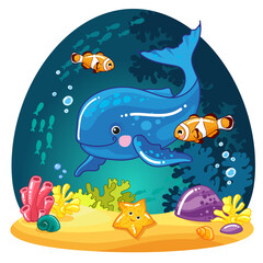 Whale, starfish, coral reefs. Marine, sea animals. drawn Cute characters. cartoon vector illustrations - 462934525