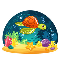 Turtle. Vector illustrations. cartoon painted coral reef, underwater world, cute turtle, starfish. - 462934744