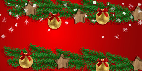 Vector. Christmas and New Year horizontal background. The frame consists of green tree branches, white snowflakes and shimmering Christmas tree decorations with a red satin bow, wooden ornaments.