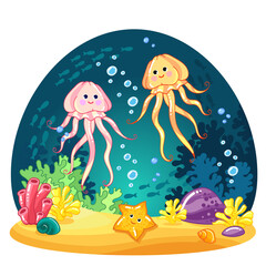 Quallen, Seesterne, Korallenriffe. gezeichnet Nette Charaktere. Cartoon-Vektor-Illustrationen