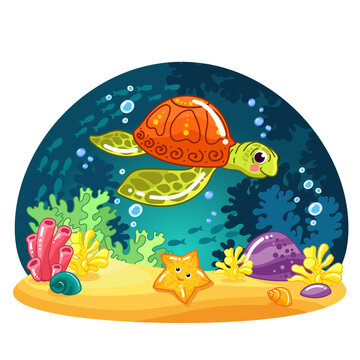 Turtle. Vector illustrations. cartoon painted coral reef, underwater world, cute turtle, starfish.