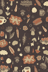 Autumn walk in rainy day. Doodle background pattern. Design for website, prints, menu. Nature cafe, eco friendly, zero waste. Hand drawn. Doodle style vector for postcard, textile, fabric.