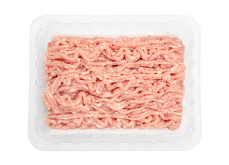 Raw chicken minced meat in container isolated on white, top view