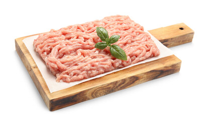 Raw chicken minced meat with basil on white background