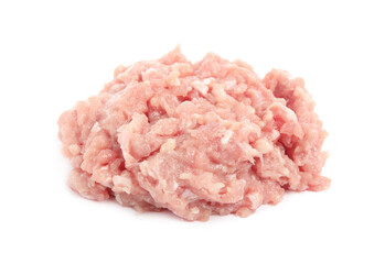 Pile of raw chicken minced meat on white background